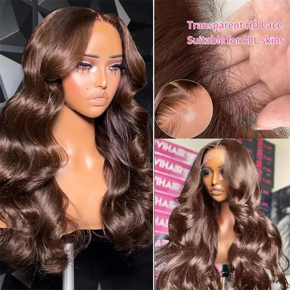 Wewave Chocolate Brown 13x6 Human Hair Wigs HD Lace Body Wave Wig 200% Density Re Plucked Bleached Knoted Brazilian Hair Wigs